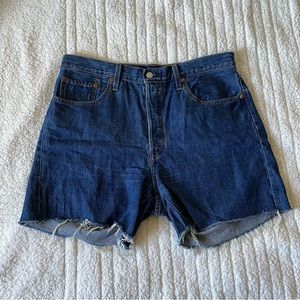 Levi’s 501 Dark Wash Mid Length High Rise Shorts Cut Off Distressed